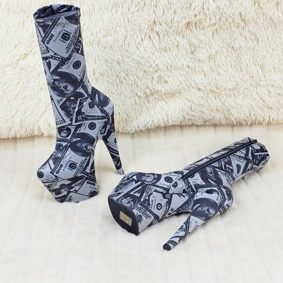 Dollar Money Print 7" High Heel Stretch Sock Platform Ankle Boots Adore 1002 - Picture 7 of 12